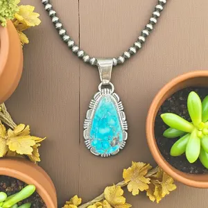 Tear Drop - Turquoise & Sterling Silver Solitaire Pendant - MJ - Handcrafted Native American