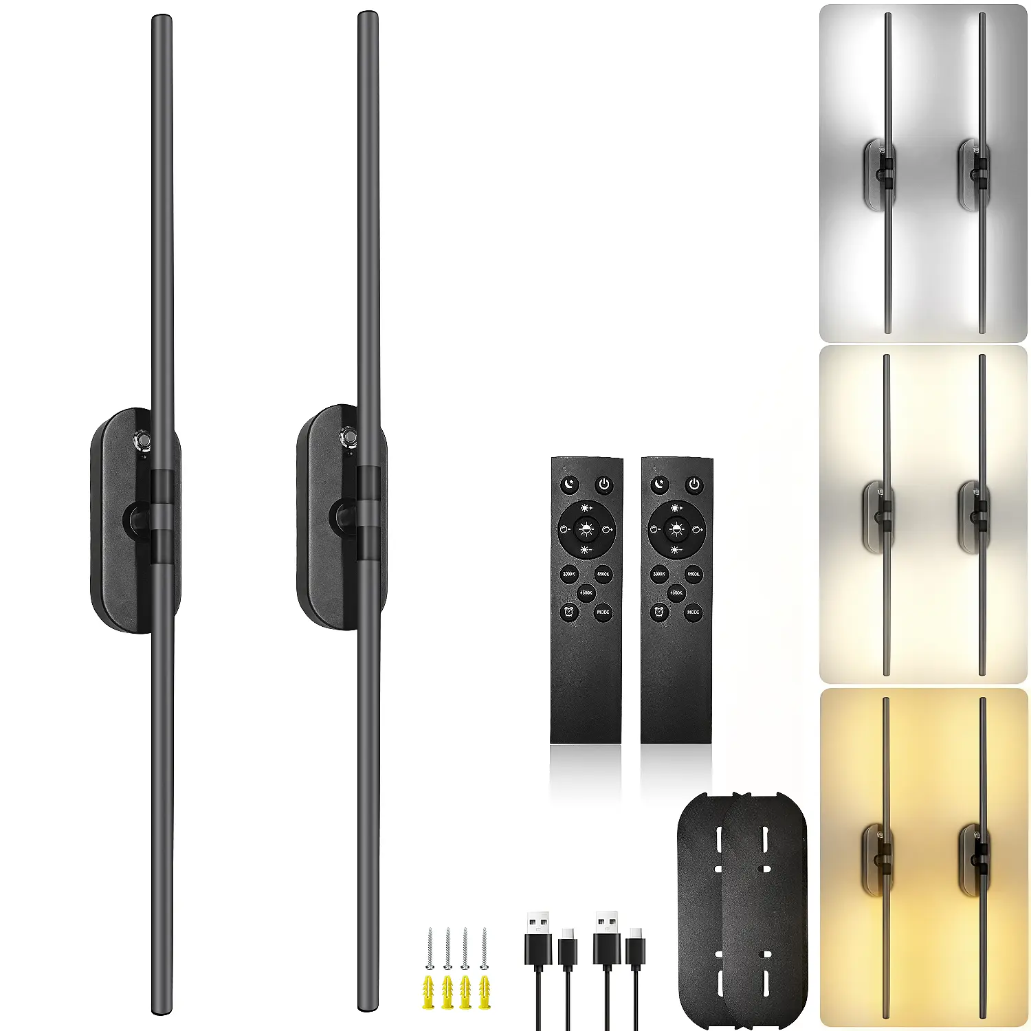SEGRASS Battery Operated Wall Sconces Set of 2, 3000K-6000K Dimmable 10000mAh Rechargeable Wireless LED Lights with Remote, 360° Rotate Acrylic Metal 31.5Inch Indoor Use Picture Lights for Bedroom, Study Room summerwins