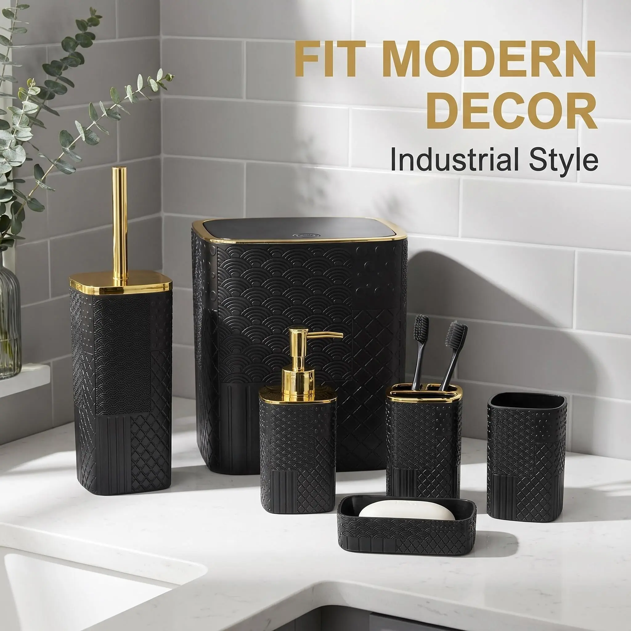 Gold Embossed Six-Piece Bathroom Accessories Set, Complete Storage Solution for Home/hotel, Essential Bathroom Organizer