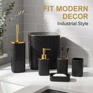 Gold Embossed Six-Piece Bathroom Accessories Set, Complete Storage Solution for Home/hotel, Essential Bathroom Organizer