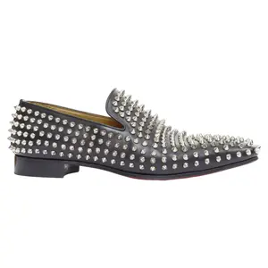 Pre-owned Christian Louboutin Men's CHRISTIAN LOUBOUTIN Rollerboy black silver leather spike stud loafers EU40.5 by Rebag