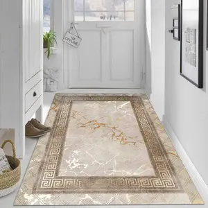 【Velvet + 850g/m² + Anti-slip dotted base】1pc light luxury marble pattern machine washable rug with fretwork border, comfortable and beautiful, versatile decorative style, high-definition pattern printing and double-locked edges