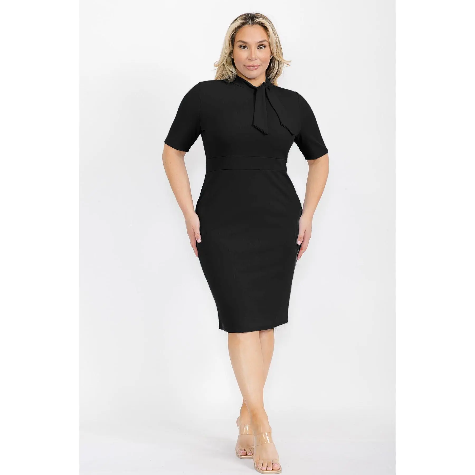Plus Size Short Sleeves Peplum Knee  Tie Neck Dress