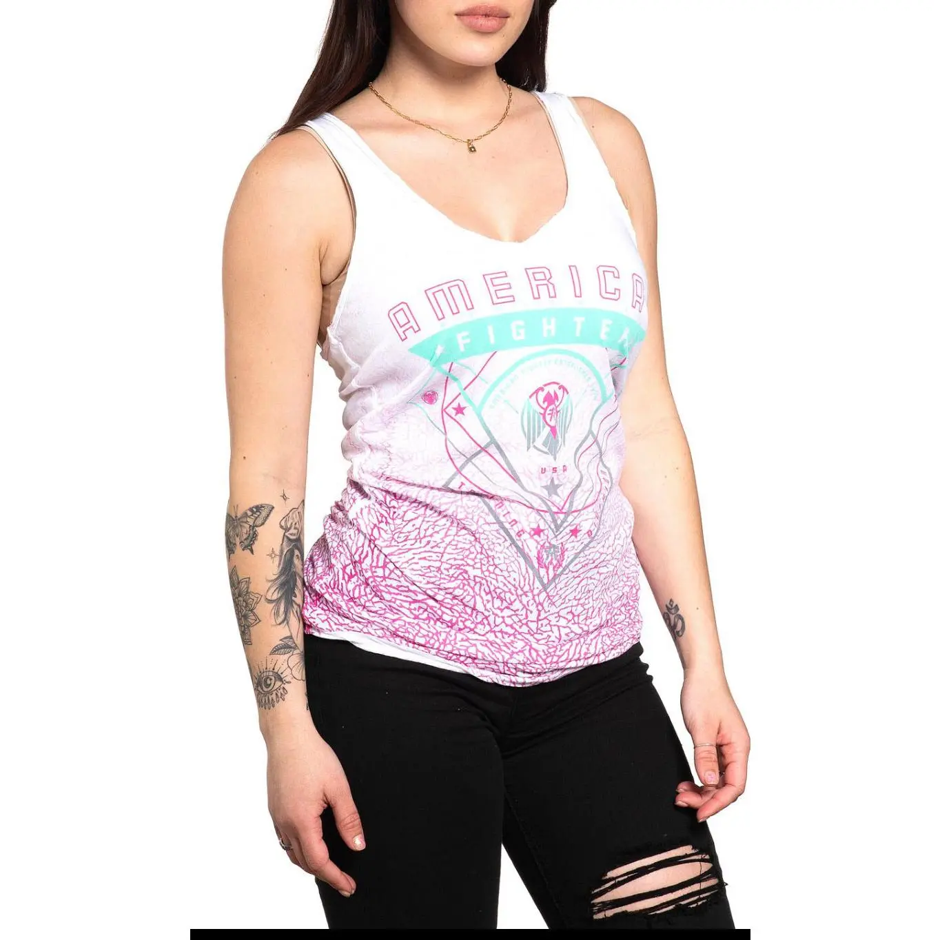 AMERICAN FIGHTER Women's Sleeveless Racer Back Tank Top - Valdez, Casual Polyester Printed Athletic Biker Top