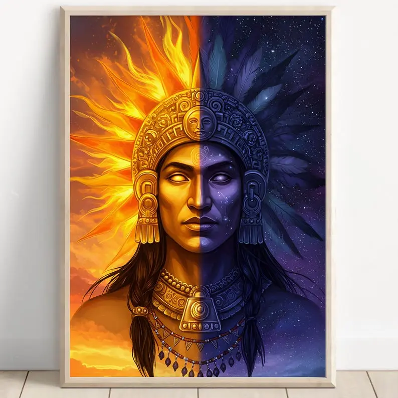 Aztec Wall Art, Tonatiuh Art, Aztec Sun God Decor, Aztec Mythology Artwork, Mexican Aztec Art, God of the Fifth Sun 24x36inch(60x90cm) Unframe Canvas Poster Colorful Gifts Room Decoration Ornaments Artistic Photo Print