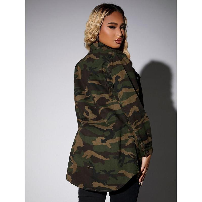 Women's Spring/Autumn Camouflage Printed Cargo Pocket Long Sleeve Casual Denim Jacket Cotton Fabric