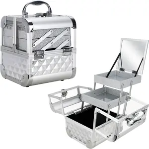 VER Beauty Armored Acrylic Makeup Train Case Organizer Storage Portable Travel Cosmetic 2 Pull Out Trays with Mirror (Silver Diamond)