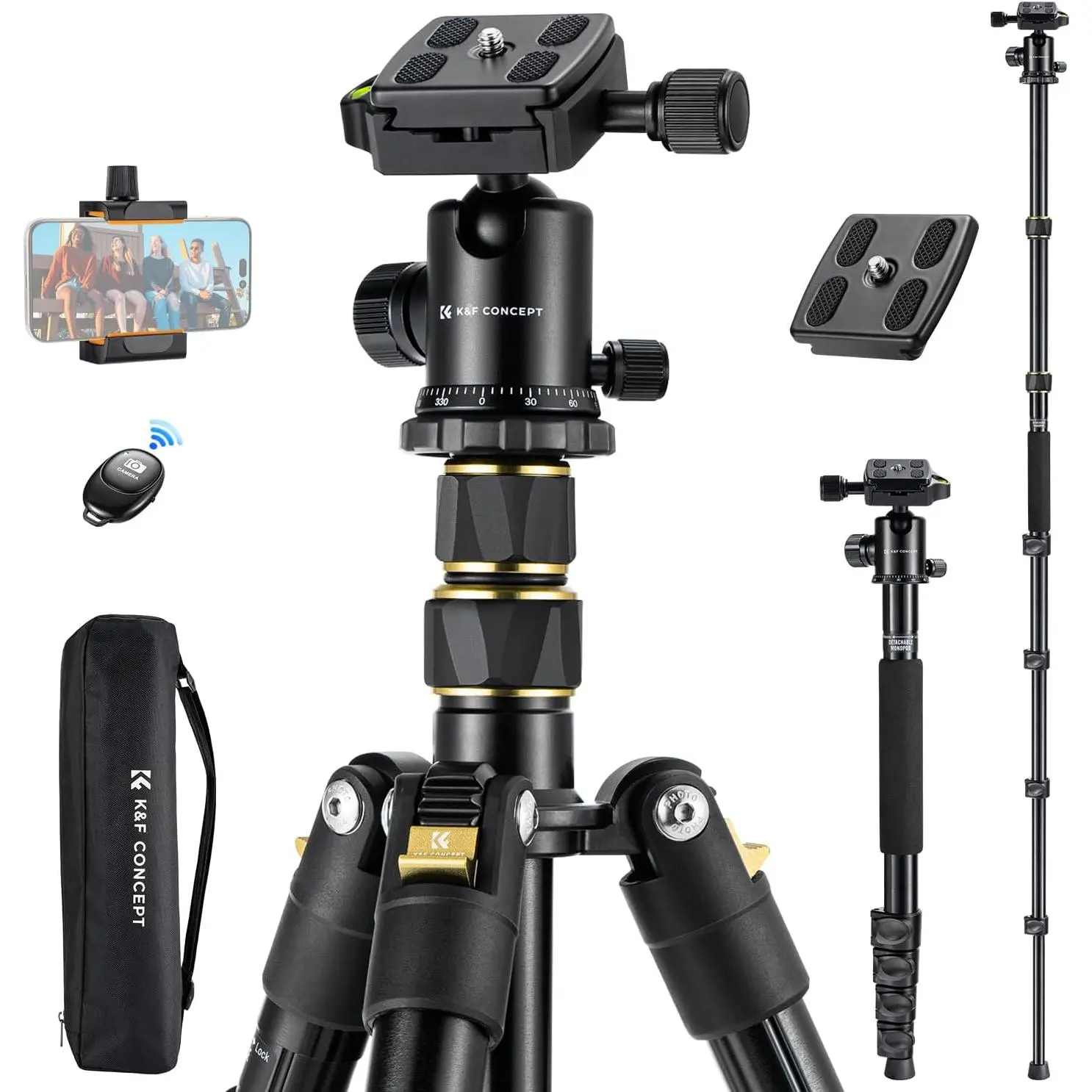 K&F CONCEPT 72" Aluminium Tripod Stand - Compact, Portable, Lightweight, Foldable Travel Tripod with Remote Control, Extra Quick Release Plate, Monopod Function for DSLR Cameras & Smartphones (Photography Camera Accessories)
