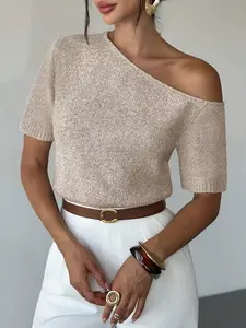 Women's Fashion One-Shoulder Knit Sweater Top, Knitwear, Summer Short Sleeve Off-Shoulder Slim Fit Pullover, Solid Color Versatile Knitted T-Shirt, Blouse for Work, Travel, Shopping, Daily Wear