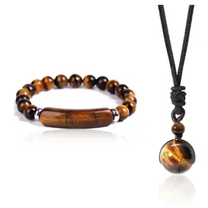 2pcs Natural Stone Jewelry Set for Men & Women Adjustable Woven Cord Tiger Eye Stone Necklace & Bracelet Gift for Lovers Stylish Holiday Accessory Christmas gift