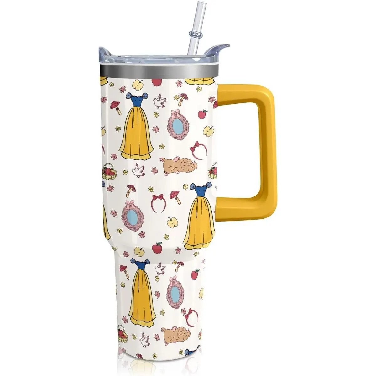 Princess Theme Thermal Water Bottle Tumbler - Reusable Portable Kitchenware Drinkware with Handle, Straw, Cover, Cartoon Fairy Tale Princess Dress & Mirror Print, Travel Coffee Mug for Girls' Birthday Gifts (bottle water accessory)