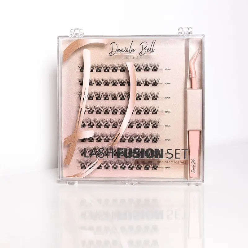 Daniela Bell Lash Fusion Set – Pre-glued Luxury Lash Kit with 8 Sets 10mm-16mm Lengths Non-stick Applicator for Seamless Application