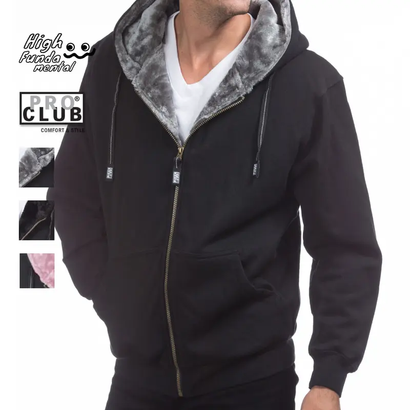 PROCLUB Men's Heavyweight Hooded Pile Jacket PRO CLUB Classic Soft Fur-Insulated Jacket Casual Fur Hoodie Full Zip Jackets Hip Hop Harem Black Gray