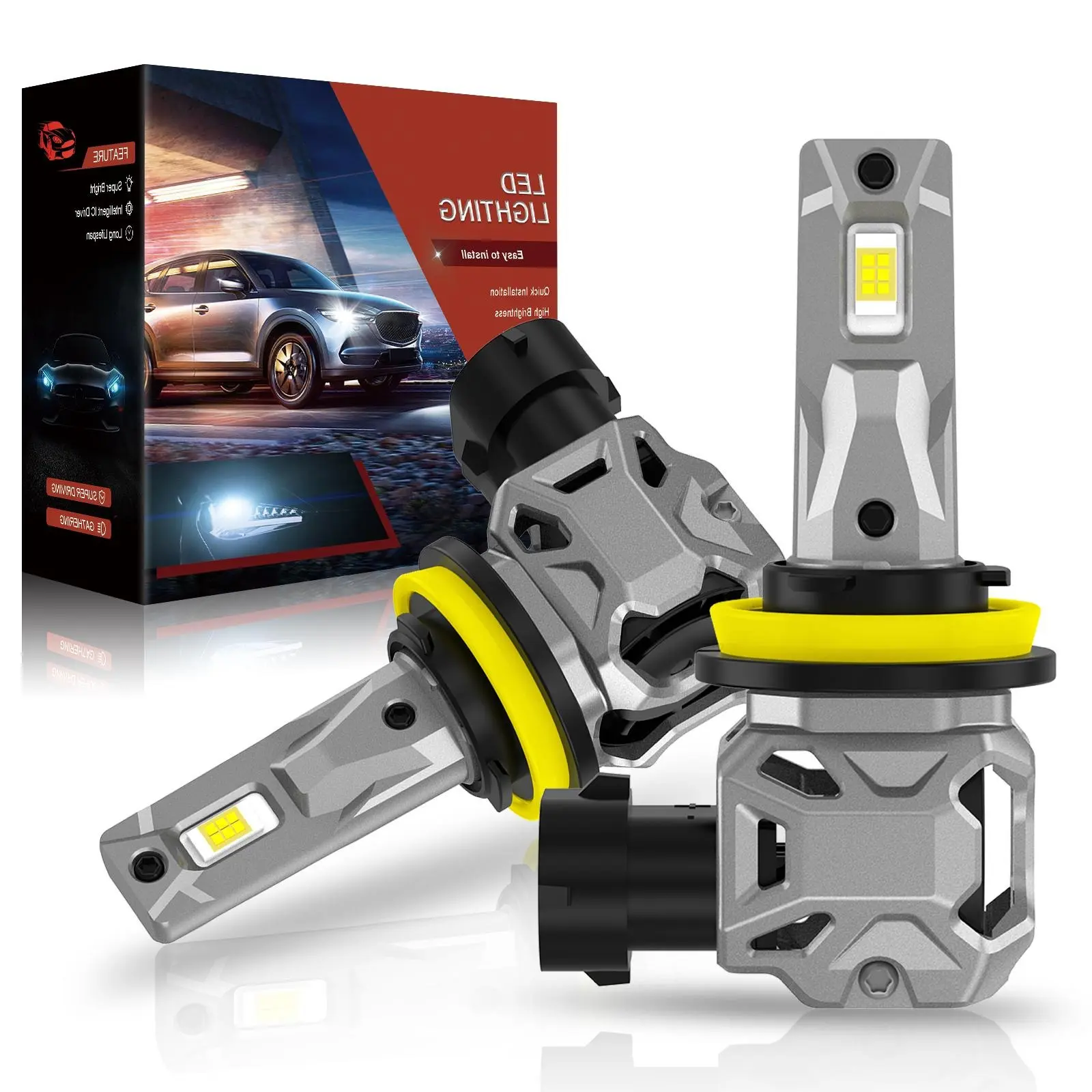 Car H10 LED High Beam Headlight Bulbs Conversion Kit - 3800LM White, Aero-Aluminum Body, Halogen-Like Pattern, Cooling Function