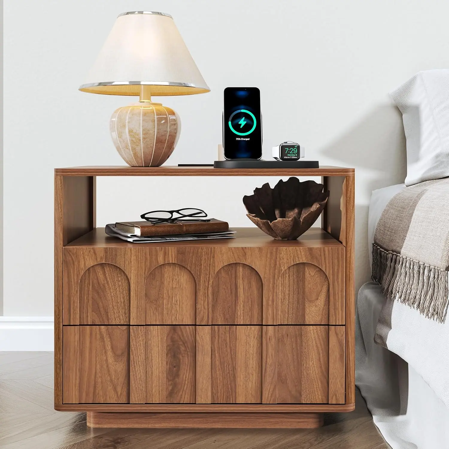 FurSch Mid-Century Nightstand with Charging Station, 23.6" Wide Wooden End Table with Drawer & Open Shelf, Fluted Accent Side Table for Bedroom & Living Room