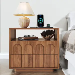 Giratree Mid-Century Nightstand with Charging Station, 23.6" Wide Wooden End Table with Drawer & Open Shelf, Fluted Accent Side Table for Bedroom & Living Room