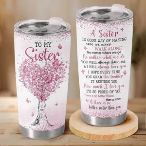 BNB To My Sister 20oz Tumbler – Heart Tree with Pink Butterflies, Sentimental Quote Coffee Cup for Birthday, Christmas, or Sister Appreciation