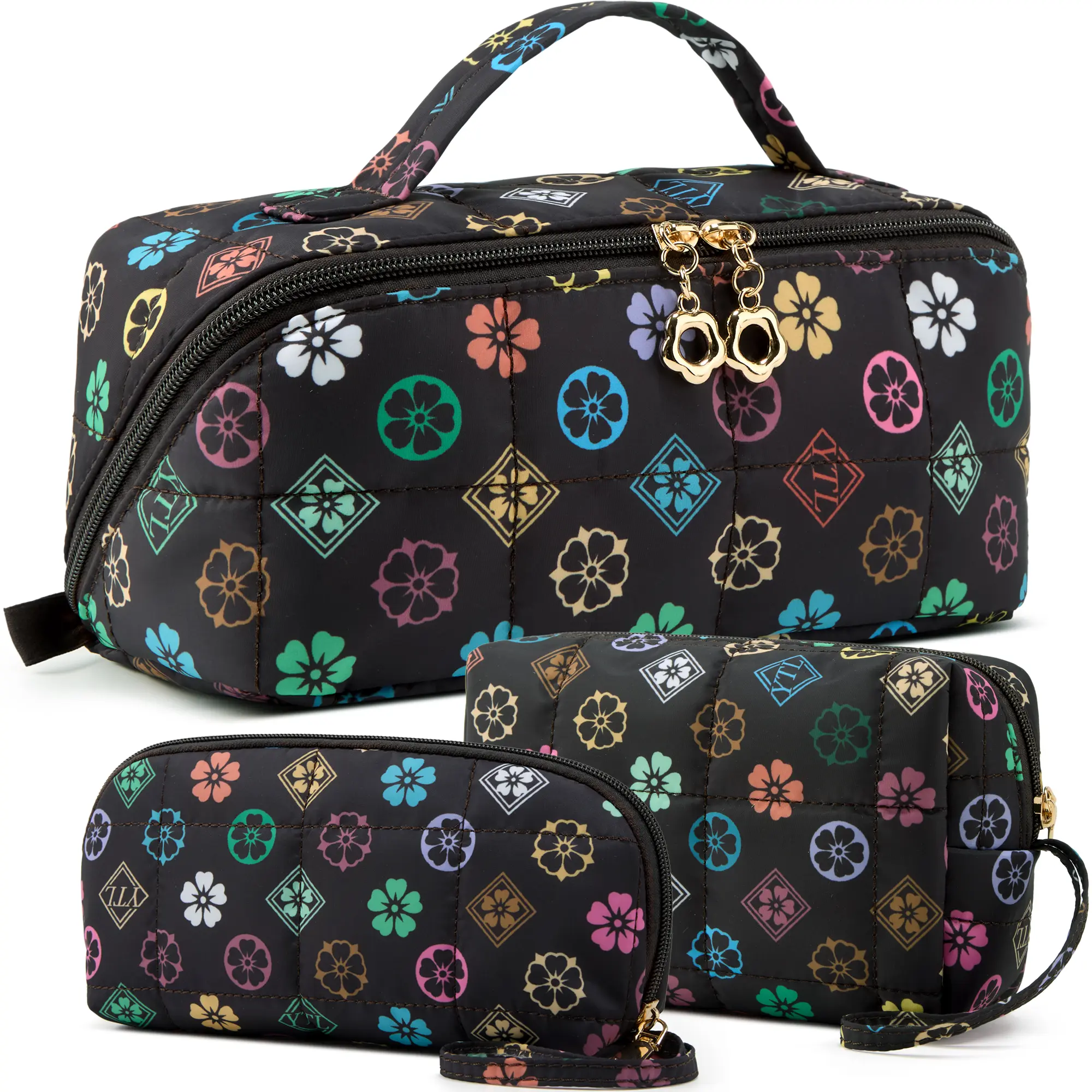 YTL Women's 3-Piece Travel Makeup Bag Set - Puffer Cosmetic Organizer, Wide-Open Toiletry Case, Flat-Open Portable Holder for Skincare, Brushes & Travel Essentials, Set Of 3