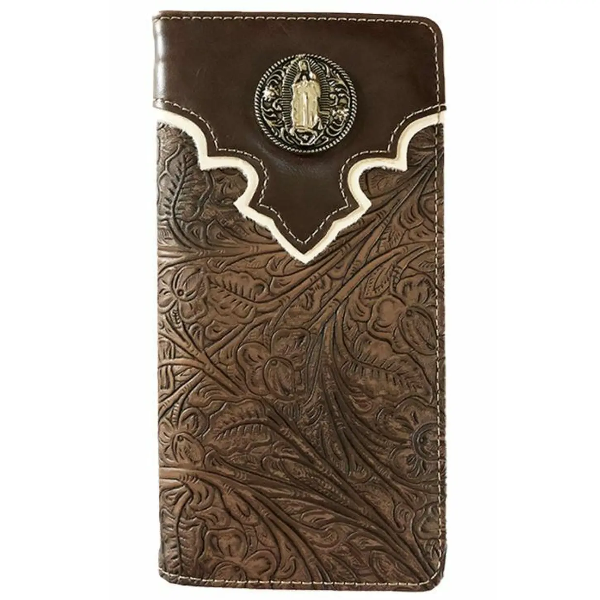Men's Virgin Mary Western Bifold Wallet Brown Ostrich Checkbook Style