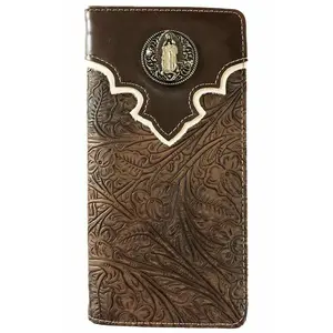 Men's Virgin Mary Western Bifold Wallet Brown Ostrich Checkbook Style