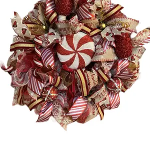 Candy Cane Lane Christmas Wreath with Glittery Peppermint Design and Festive Ribbons for Holiday Decor