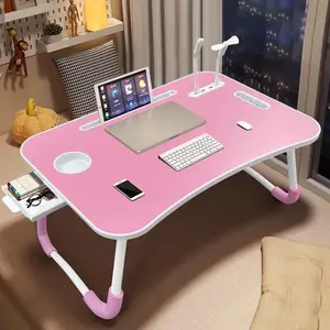 Multifunctional Leg Rest Table with Cup Holder And Drawer USB Fan And Light Portable Foldable Bed Tray for Laptop Breakfast In Bed Reading And Writing On Sofa Couch Laptop Desk On Bed