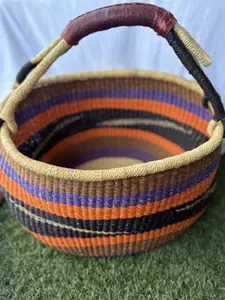 Colorful Handwoven African Baskets Made With Dry Elephant Grass and Leather Handles-Handwoven by women in Bolgatanga, Ghana
