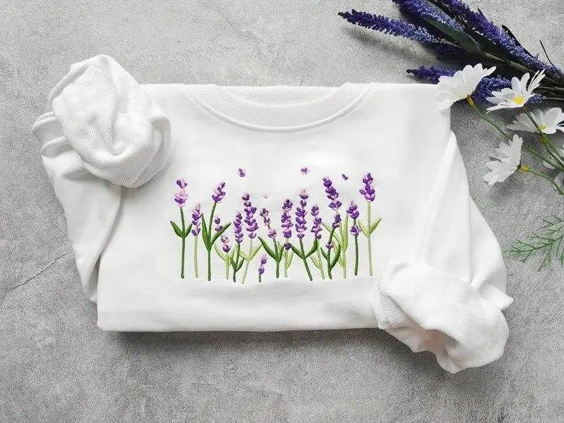 Lavender Embroidered Sweatshirt,Floral Sweatshirt,Crewneck Sweatshirt,Valentine's Day Gift,Gifts For Her Cotton Embroidery Womenswear Elegance Hoodie Sweaters Tops Women Underwear