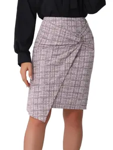 INSPIRE CHIC Women's Elastic High Waist Wrap Front Office Bodycon Pencil Tweed Skirt Pink