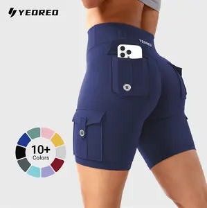 YEOREO CoreFlex Women's Workout Biker Shorts with Cargo Pockets Hidden Scrunch High Waisted 8" Inseam Gym Shorts for Summer Squat-Proof & Comfortable Fit