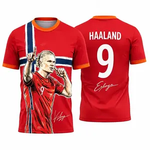 Unisex Haaland #9 Norway Soccer Jersey Hand Drawn Portrait Norway Flag Print Short Sleeve Breathable Quick Dry Football