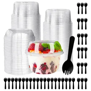 50 set 12 oz Disposable PET Dessert Cups with Lids and Spoons, Clear Plastic Cups, Disposable Snack Bowls for Cupcake,Pudding,Snacks,Yogurt,ParfaitFruits,Mousse