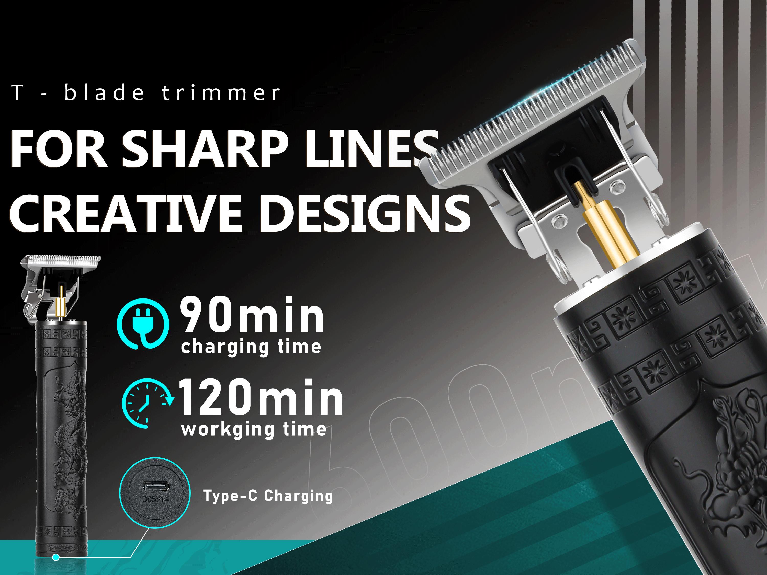 LQT Professional Dragon Engraved Hair Trimmer for Men, Cordless T-Blade Beard Trimmer & Edger, Rechargeable Hair Clipper for Fades, Edges & Grooming