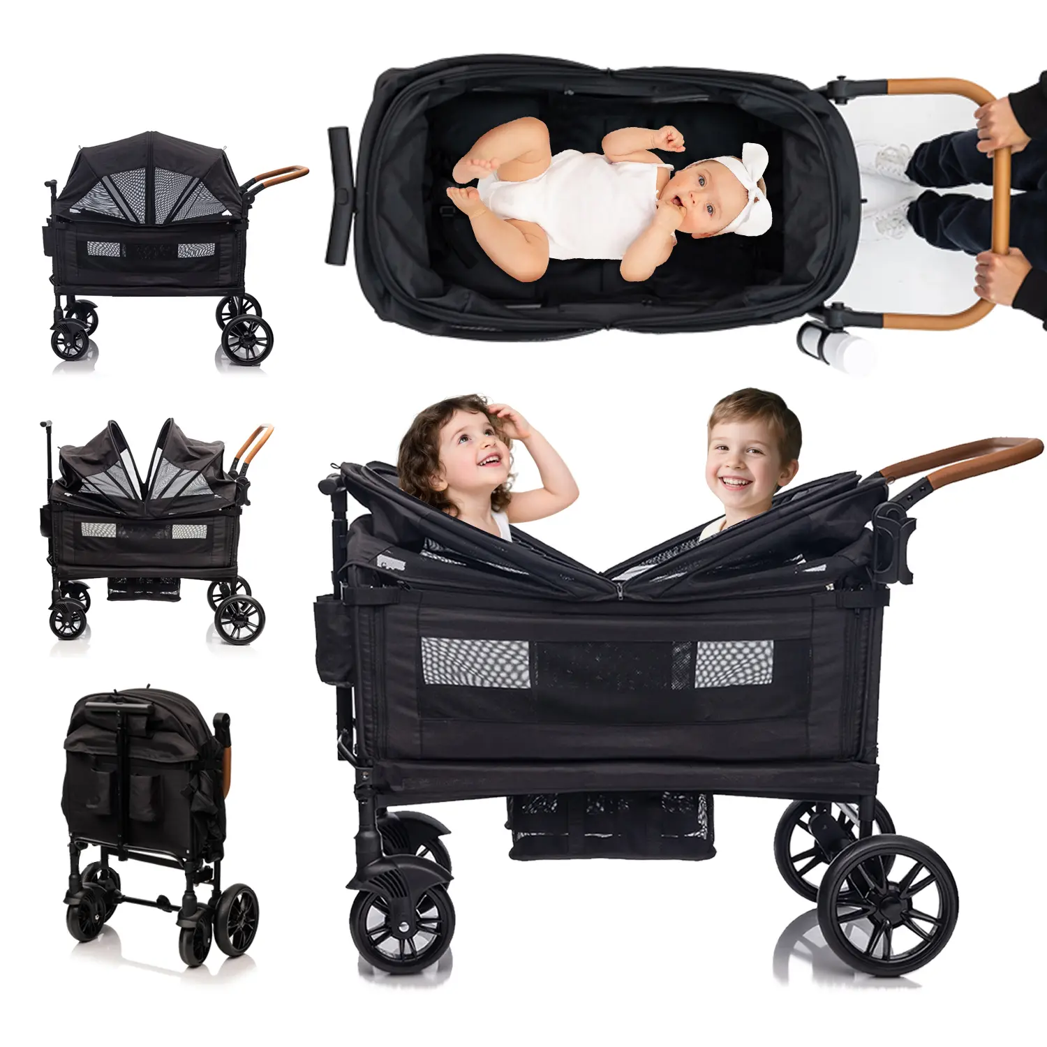 Expedition Wagon Stroller for 2 Kids, Double Stroller with 5-Point Safety Harness, Adjustable Canopy & Handlebar, Snack Tray, All-Terrain Wheels, Lightweight Fold