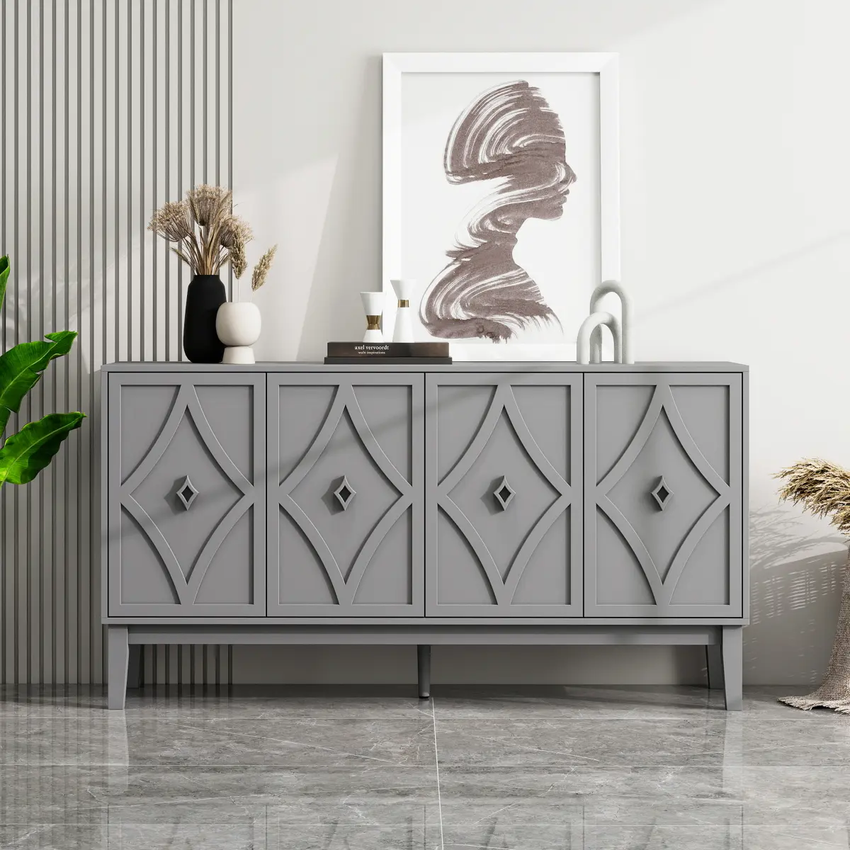 4 doors cabinet Vintage Storage Cabinet with Hand-Carved Geometric Doors, Adjustable Shelves, Black Oak Finish, Raised Legs for Easy Cleaning, Sideboard Buffet Cabinet for Living Room & Dining Room