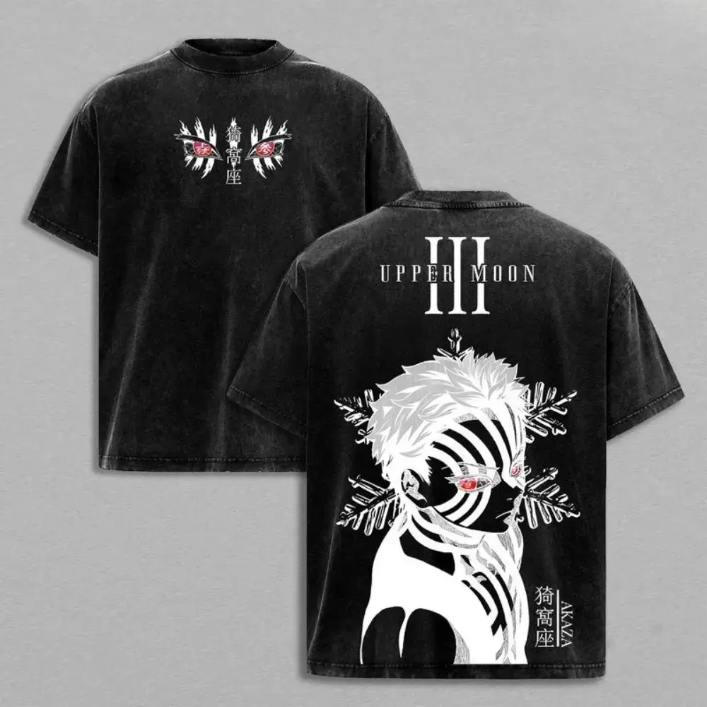 Mens Washable Casual Oversized T-Shirt - Demon Slayer Upper Rank 3 Akaza Printed Graphic, Stretch Shortsleeve Ribbed Round Neck, Hem Detail, Unisex Vintage Washed Menswear Anime Merch Apparel