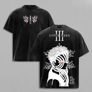 Unisex Demon Slayer Akaza Upper Rank 3 Printed Graphic Tee, Vintage Washed Oversized Ribbed Round Neck Short-Sleeve Seamless Cotton-Polyester Men's/Women's Anime Merch Top