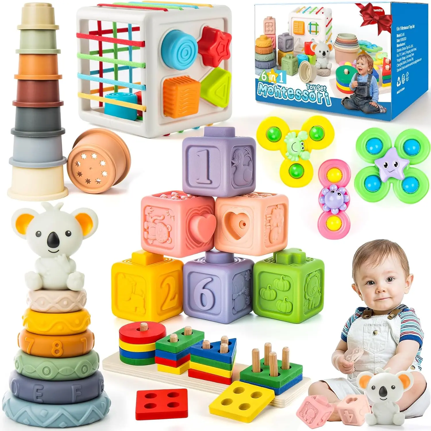 Summer Spring Gift 6-in-1 Baby Toys 6 to 12 Months, Montessori Toys for Babies 6-12-18 Months, Infant Teething Toy Stacking Blocks Rings Sensory Bin, Sorting Sensory Educational Learning Gift for Toddlers Aged 1-3