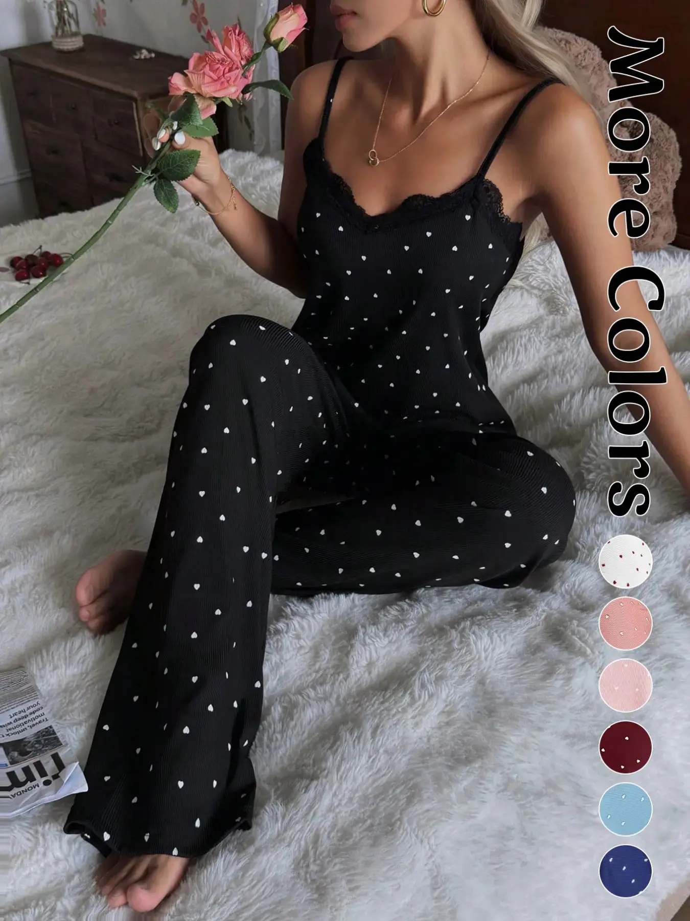 Spring Summer New Heart Print Women's Lace Trim Loungewear Sleepwear Set Pajamas Elastic Fabric Comfortable Breathable Indoor Outdoor Casual Home Wear
