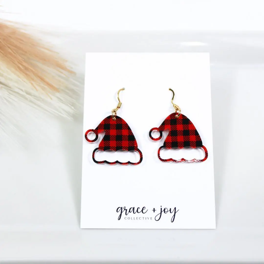 Buffalo plaid Christmas earrings, Santa hat earrings, stocking stuffer for mom, fun earrings for teens, gift exchange for coworkers, small