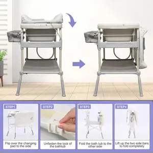2 In 1 Safety Collapsible Baby Bathtub With Changing Table,Waterproof Diaper Changing Station Portable Travel Cute Care Baby Tub,Adjustable Height Nursery Organizer With Storage Racks For Newborn Infant Toddler