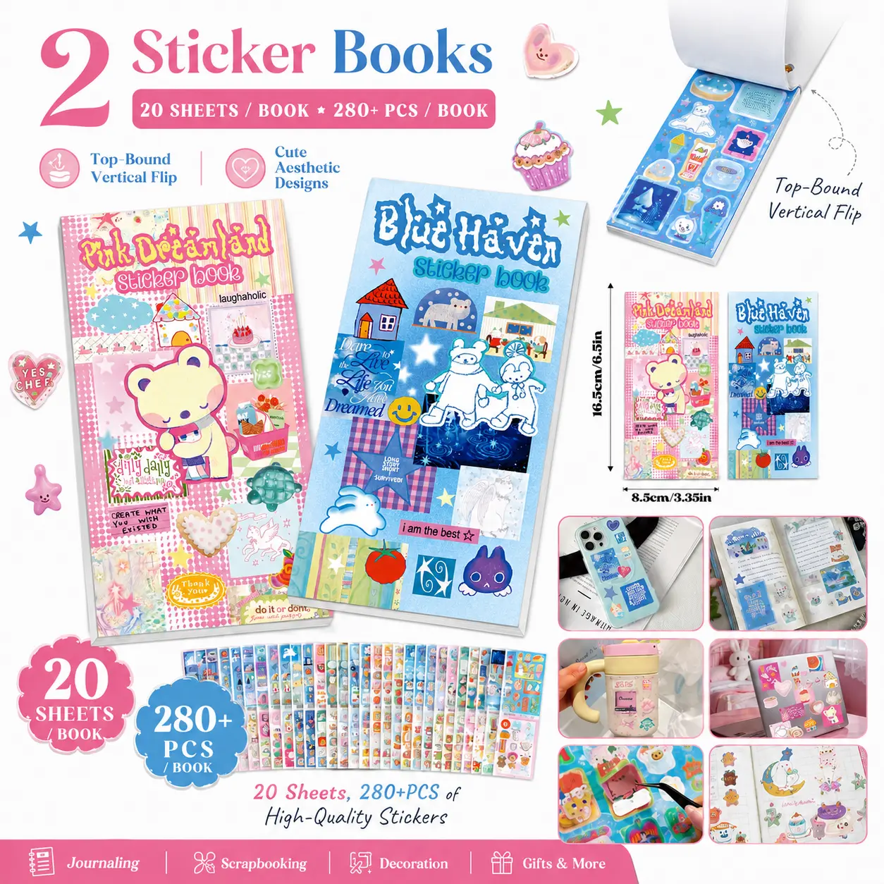 20/40 Sheets Kawaii Aesthetic Sticker Book Pad - Cute Korean Polco Toploader Decals & Pastel Planner Stickers for Scrapbooking Bullet Journal