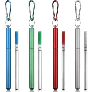 Cruise Ship Essentials,4-Pack reusable Collapsible Stainless Steel Drinking Straws with Aluminum Case,Cleaning Brush,and Keychains-Silver,Blue,Red,Green