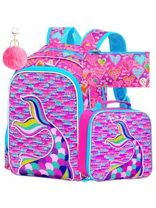 3Pcs Girls Pink & Blue Sequin Mermaid Backpack Set Flip Sequins School Bag with Insulated Lunch Box & Pencil Case Lightweight Waterproof Kids Bookbag for Elementary School Travel Outdoor Trip