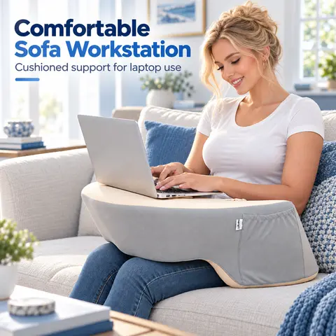 Ergonomic Memory Foam Lap Desk - Supportive Memory Foam, Cooling Fabric Cooler Lap Rest, Built-In Cup Holders & Phone Holder, Portable Laptop Desk for Bed, Sofa