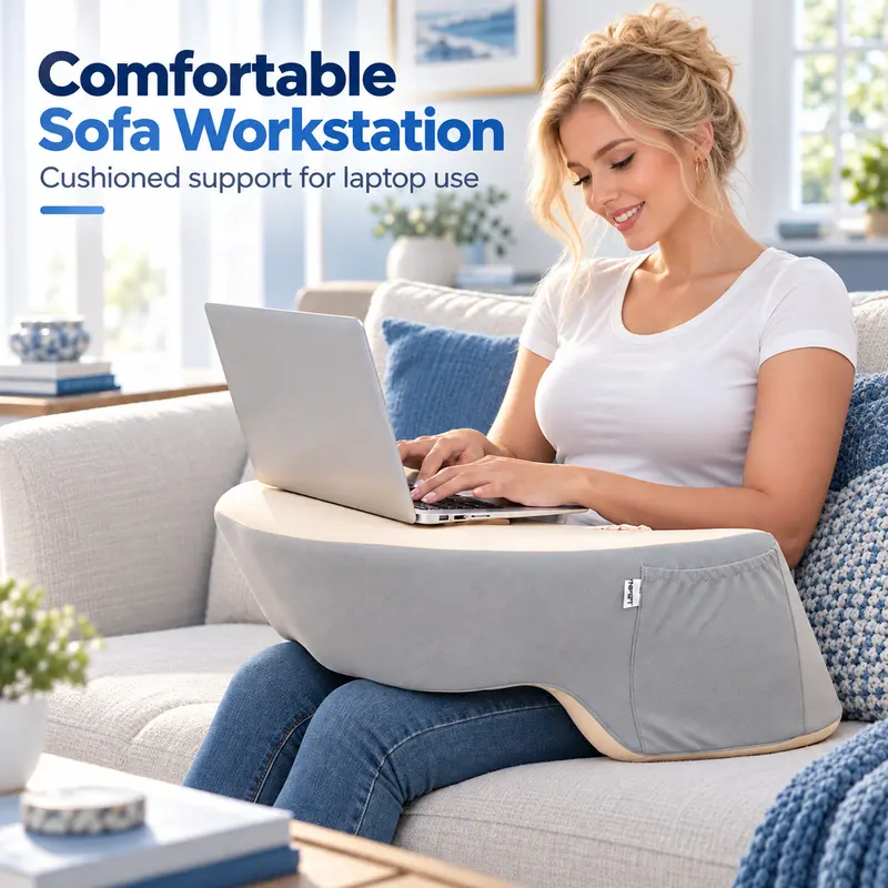 Ergonomic Memory Foam Lap Desk - Supportive Memory Foam, Cooling Fabric Cooler Lap Rest, Built-In Cup Holders & Phone Holder, Portable Laptop Desk for Bed, Sofa