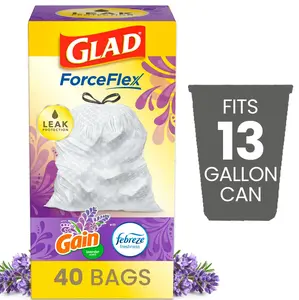 Glad ForceFlex Tall Kitchen Drawstring Trash Bags, 13 Gallon Trash Bag, Gain Lavender with Febreze Freshness, 40 Count Pack Plastic