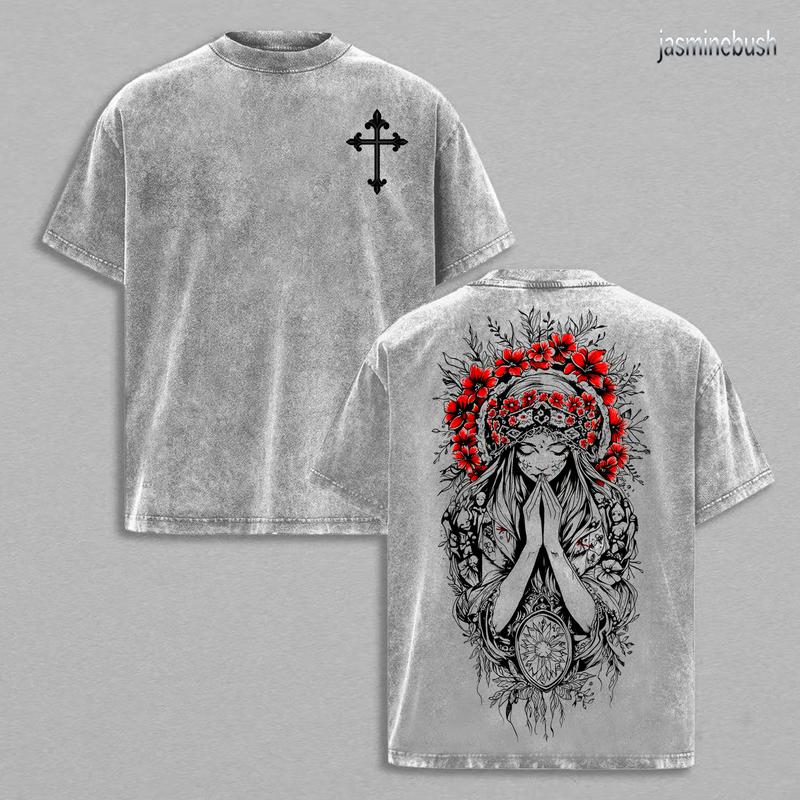 Christian Cross & Virgin Mary Double Printed Vintage Washed Tee, Unisex Oversized Heavyweight Cotton T-shirt, Faith Streetwear Religious Shirt, Grunge Aesthetic , Church Outfit Gym Pump Cover