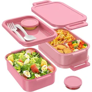 Bento Lunch Box for Adults - 3 Layers Leak-Proof Stackable Bento Box for Adults, 72oz Large-Style All-in-One Adult Lunchbox Bento Box with Utensil Accessories for Dining Out,Work, Pink