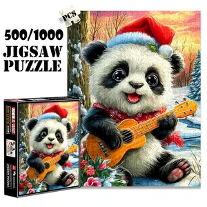 1pc 1000 piece adult puzzle 70x50cm Panda Wearing Santa Hat Playing Ukulele in Winter Scene 500 pieces of paper jigsaw puzzle, suitable for adults and families, large-scale DIY puzzle interactive t